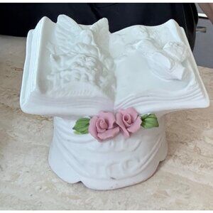 Porcelain Angel Book Figurine On Stand With Rose Accents